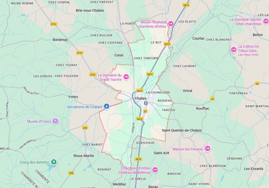 Chalais : Carte Routière & Touristique de Charente et ses Gîtes Carte routière et touristique de Chalais, Charente. D674, D731, D20, D2. Localise gîtes, chambres d'hôtes, aérodrome, musée.