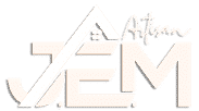 Logo J.E.M Artisan, lettres stylisées J.E.M en blanc/crème avec un toit de maison intégré au J. Le mot "Artisan" est en écriture manuscrite.