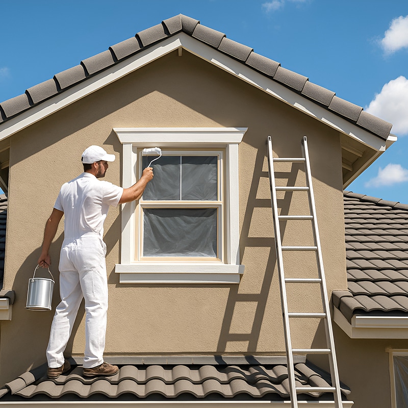 Peinture Façade Maison : Un peintre rénove votre extérieur. Peintre en blanc appliquant de la peinture blanche sur l'encadrement d'une fenêtre de façade beige, debout sur le toit. Une échelle est visible.